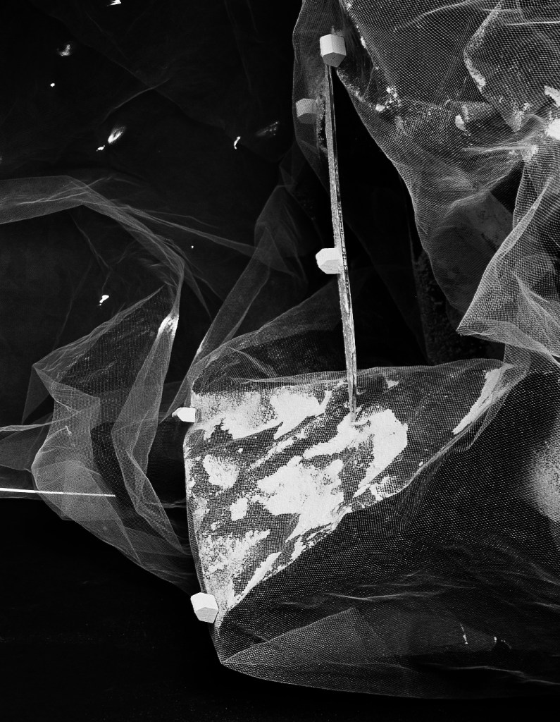 L'artiste a utilisé des tissus de voile et des objets en plastique blanc pour créer une installation qui explore la relati...